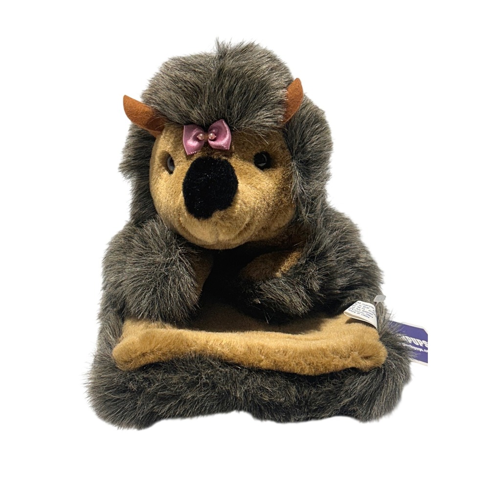 Plushpups Hedgehog Hand Puppet Grey Brown Pink Bow Vintage 2001 NWT 11 Inch
